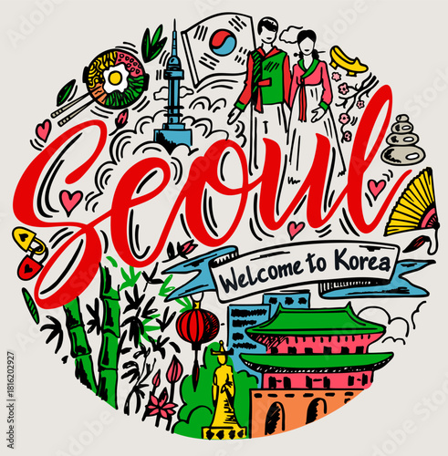 Seoul banner sketch vector illustration. Beautiful attractions of Seoul lettering text. Travel Korea concept. Welcome to Korea. Calligraphy. Travel poster, postcard and design or t-shirt design