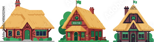 Three colorful traditional Irish pub houses with thatched roofs on a transparent background showcasing unique designs and vibrant colors, ideal for festive themes and celebrations