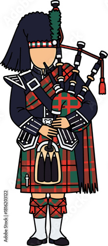 Man playing bagpipes in traditional Scottish attire, standing with instrument outdoors, wearing a kilt with classic tartan patterns on a transparent background