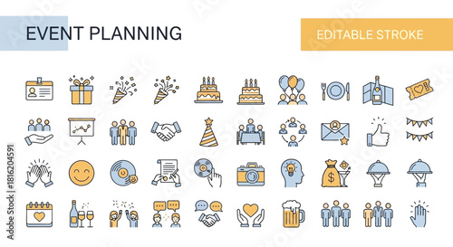 Vector icons celebrating various events and holidays with gift boxes, music, and food, perfect for invitations and decorations