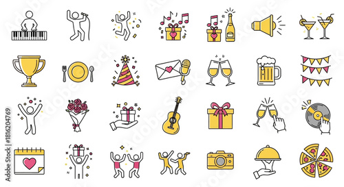 Vector icons celebrating various events and holidays with gift boxes, music, and food, perfect for invitations and decorations