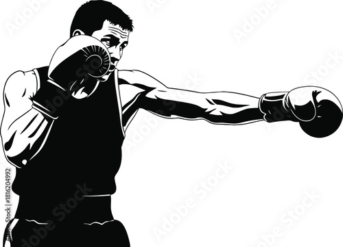 Boxer throwing a punch, isolated on white background.