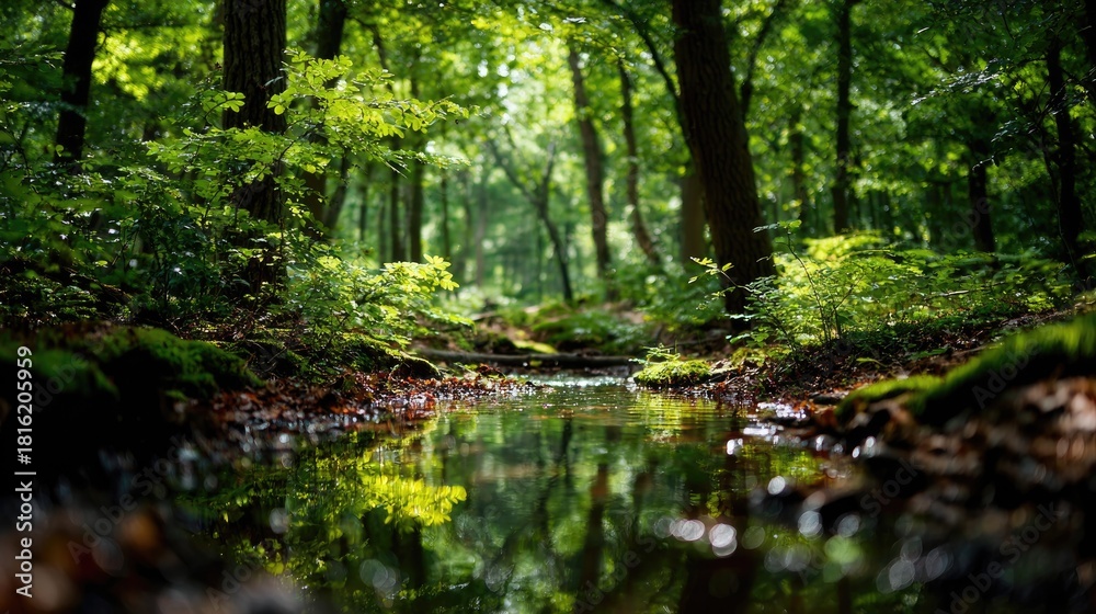 Obraz premium Mystical Dense Green Forest with a Sparkling Stream Winding Through Sunlit Undergrowth 