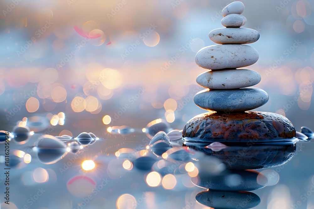Obraz premium Balanced zen stones pyramid on water surface with bokeh lights background creating peaceful meditation atmosphere.