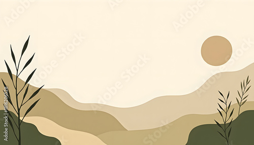 Abstract landscape art with sun and plants in neutral earth tones