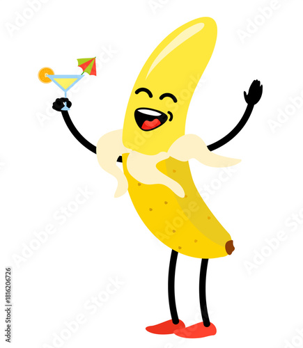 Cute and funny banana drinking a cocktail, having fun. Enjoy the summer. Summer fruits character. Funky banana character enjoying delicious drink