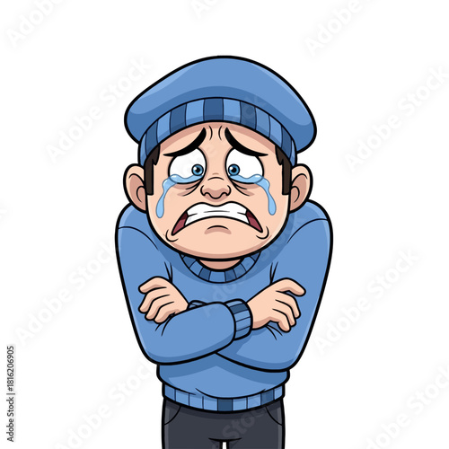Cartoon illustration of a sad man crying and shivering from cold, wearing a blue beanie and sweater with crossed arms.