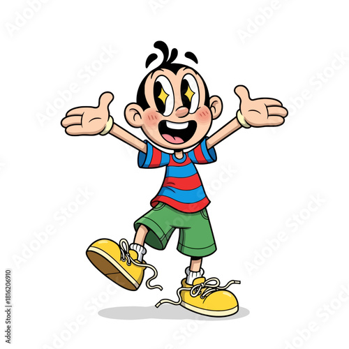 Cartoon illustration of a cheerful boy with arms outstretched, wearing a striped shirt and green shorts.