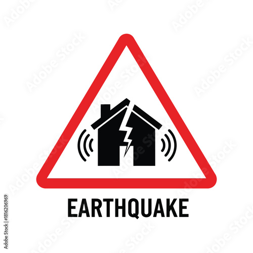 Earthquake warning sign icon: house damage, natural disaster risk, seismic activity alert Vector, illustration