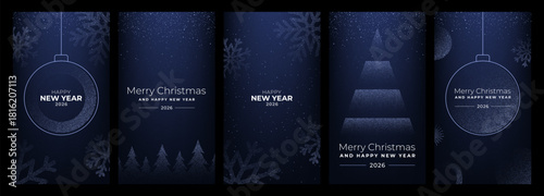 Set of elegant blue and silver glitter Christmas and Happy New Year 2026 vertical greeting cards. Winter holiday celebration banner collection.