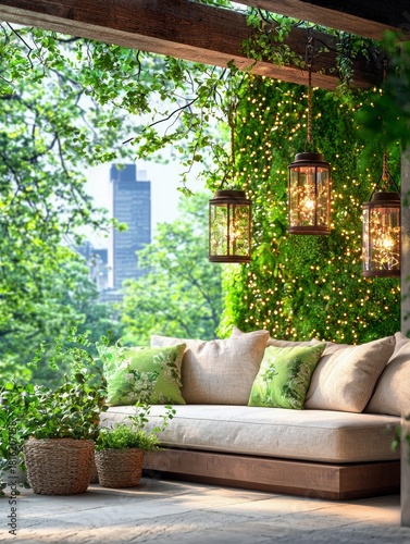 A comfortable outdoor sofa with decorative pillows and hanging lanterns, set against a lush green wall adorned with fairy lights, overlooking a cityscape.