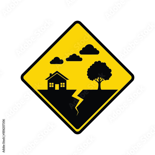 Earthquake warning sign icon: natural disaster alert, house, tree, ground crack symbol Vector, illustration