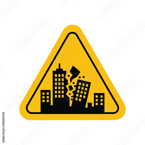 Earthquake warning sign: cracking buildings, natural disaster safety icon, seismic hazard Vector, illustration