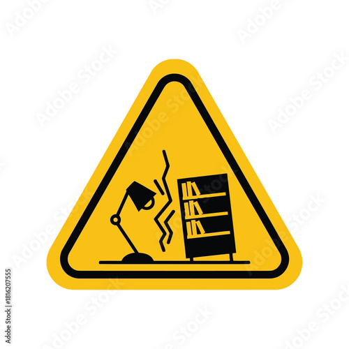 Earthquake hazard warning sign icon: shaking objects, falling bookshelf and lamp symbol Vector, illustration