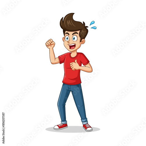 Cartoon boy with a determined yet anxious expression clenching his fist and sweating.