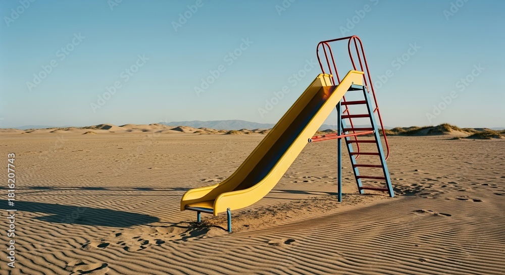 Fototapeta premium A surreal and lonely scene of a colorful children's slide abandoned in a vast, empty desert landscape with rippled sand and distant mountains under a clear blue sky