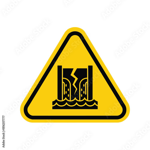 Broken dam flood warning sign icon: danger of water release and environmental catastrophe Vector, illustration