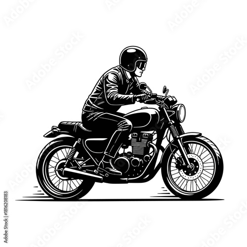 Monochrome motorcycling adventure, rider in vintage style, exploring freedom on open road