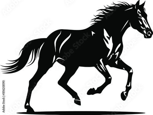 Black horse silhouette galloping, isolated on white background.