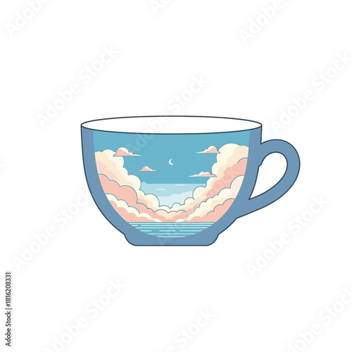 A dreamy escape within a teacup a serene seascape and fluffy clouds captured inside ceramic