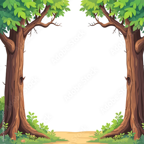 Summer woodland frame with tall trees and empty white center, natural forest border for greeting cards, kids books, posters, invitations and outdoor themed illustrations