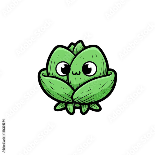 Cartoon artichoke character with endearing eyes and vibrant green color on white background