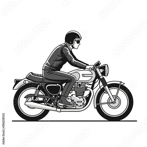 Vintage motorcycle rider with a helmet driving at speed on a smooth open road