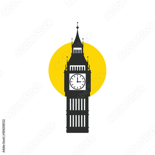 Silhouette of Big Ben against a vibrant yellow circle evokes a sense of classic London allure and