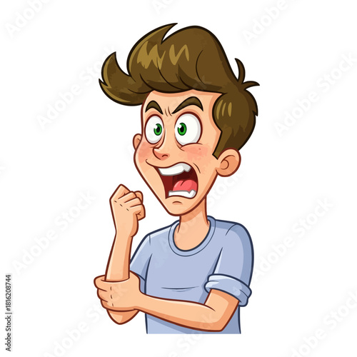 Cartoon illustration of an angry young man with brown hair and green eyes, clenching his fist and expressing frustration or pain.