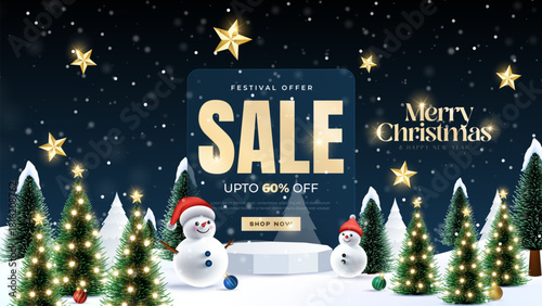 Merry Christmas sale promotion poster banner with product display and festive decoration light background. Christmas Product podium with holiday decoration theme.