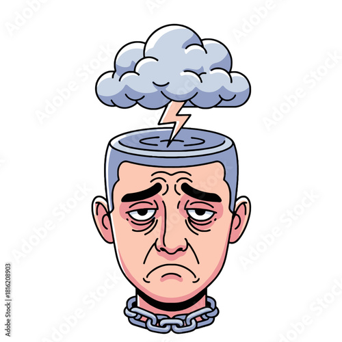 Cartoon illustration of a sad and tired man with a storm cloud and lightning inside his open head, chained at the neck, symbolizing mental distress and feeling trapped.