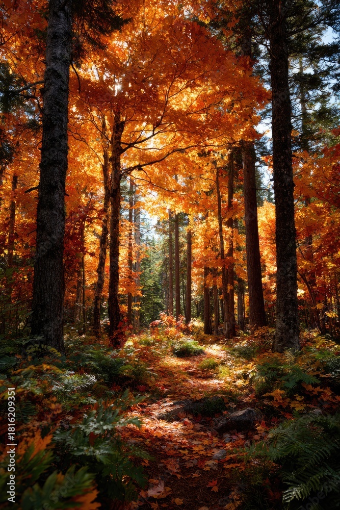 Obraz premium Sunlit Fall Woodland Covered in Warm Colorful Foliage and Soft Light