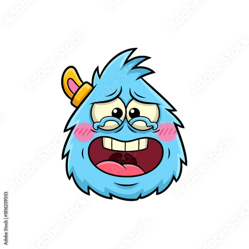 A cute, fluffy blue cartoon monster with big eyes and a wide-open mouth, crying with tears streaming down its face and pink blush on its cheeks, wearing a small yellow accessory on its head.