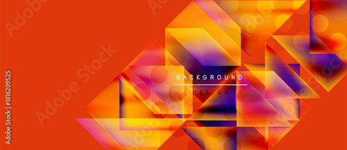 Vibrant abstract composition. Geometric shapes overlap, creating dynamic color gradients. Orange dominates, with purple accents. Modern design element.