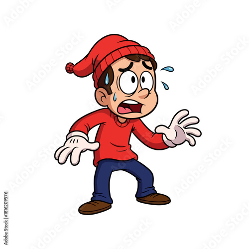 Cartoon illustration of a scared young man sweating with wide eyes and open mouth, looking anxious and startled.