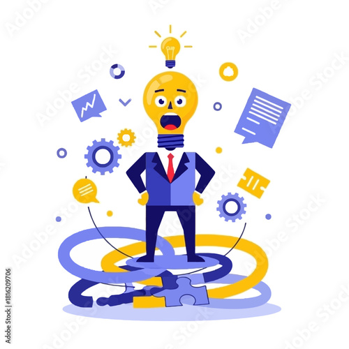 Illustration of a businessman with a lightbulb head having a sudden idea amidst complex business challenges and data.