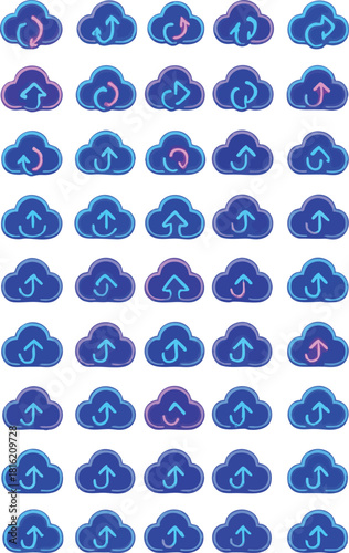 Glowing cloud data sync icon, neon arrows cloud storage, futuristic digital sync symbol