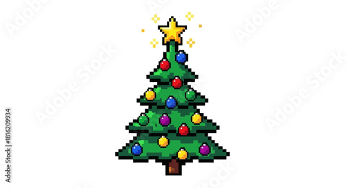 Charming pixel art Christmas tree icon, brightly adorned with a sparkling star and colorful baubles, bringing festive cheer to any digital holiday project