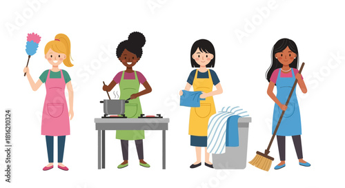 Diverse group of women performing household chores and domestic tasks like cleaning and cooking