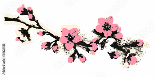 Stylized cherry blossom branch with pink flowers and buds illustration