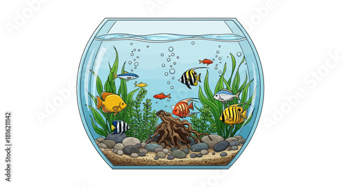 Vibrant vector illustration of a lively fishbowl with colorful tropical fish, lush aquatic plants, gravel, and driftwood, depicting a serene underwater pet habitat