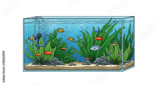 A beautifully maintained rectangular glass aquarium habitat filled with a variety of colorful freshwater fish and lush aquatic plants