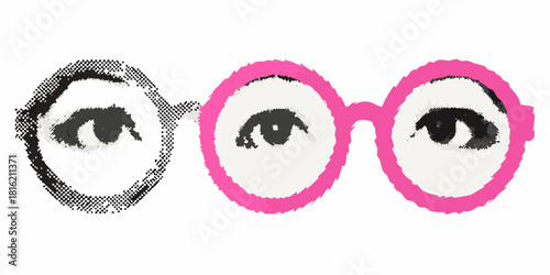 Abstract eyes with glasses in pink and black halftone style illustration