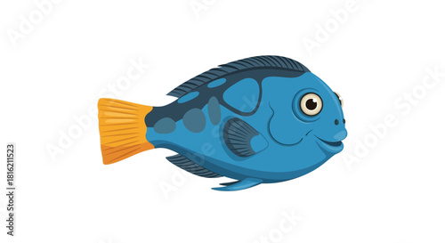 A cheerful blue cartoon fish character with a bright orange tail, illustrated as an isolated vector graphic for aquatic themes