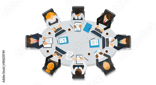 Top view illustration of a business team meeting at a round table for corporate strategy and project collaboration