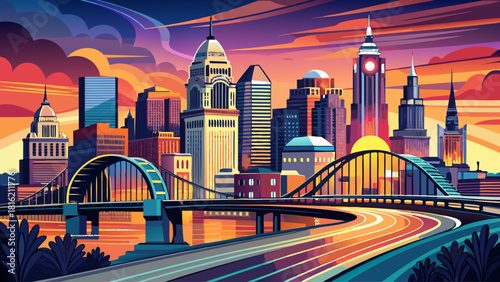 Very beautiful sunset view of Cincinnati, Ohio, highlighting the downtown district with brightly illuminated skyscrapers and flowing traffic on the Daniel Carter Beard Bridge, capturing the vibrant en