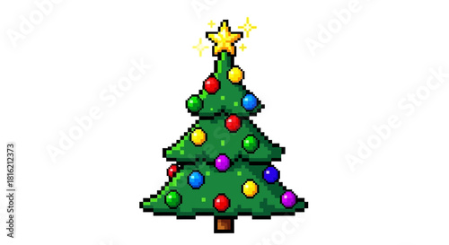 Vibrant pixel art Christmas tree with colorful baubles and a glowing star topper. Retro 8-bit holiday graphic isolated on white