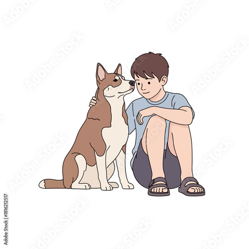 A heartwarming moment: Young boy and loyal dog sharing a gentle connection in tranquility