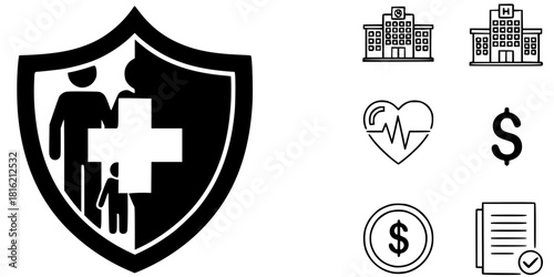 Health Insurance Shield Protection Medical Cross Silhouette