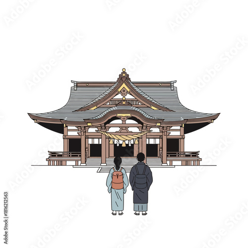 Serene encounter: A couple approaches a traditional Japanese shrine with cultural reverence and